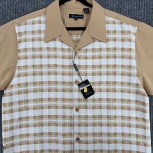 NWT Montique XL Button Up Dress Shirt Tan Plaid Church Easter Short Sleeve Mens